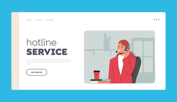 Hotline Service, Customer Support Landing Page Template. Technical Receptionist Female Character Chat with Clients vector