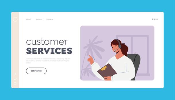 Customer Support Service Landing Page Template. Technical Operator Girl in Headset Hotline Consultant in Call Center vector
