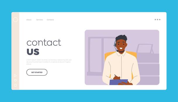 Call Center Landing Page Template. Customer Support Service Working. Man in Headset Hotline Consultant Character Work vector