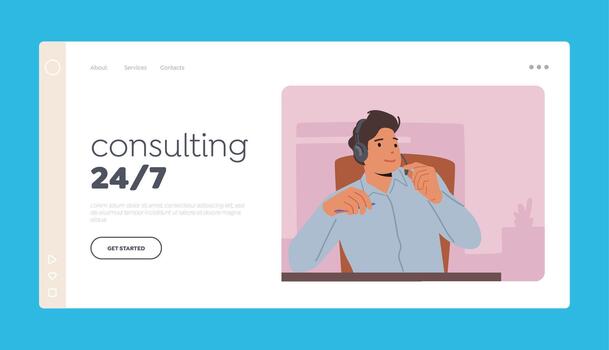 Online Consulting Landing Page Template. Hotline Call Center, Customer Service Staff in Headset Work, Technical Support vector