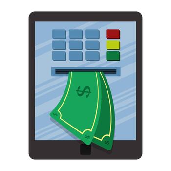 Withdraw money from tablet. money coming out of the screen. atm machine on mobile tablet. vector