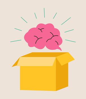 Thinking outside the box concept. The brain hovering outside an open cardboard box. Colorful illustration vector