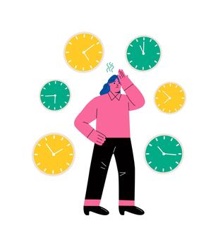 negocio mujer es cansado y deprimido. problemas con desaparecido plazos causando nubes. plano ilustración aislado en blanco antecedentes vector