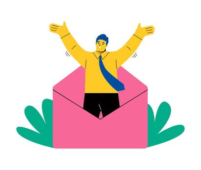 Email search, open new mail envelope. Business man checks the email, opened the envelope. Flat illustration isolated on white background vector