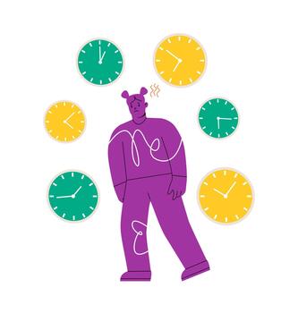 mujer es cansado y deprimido. problemas con desaparecido plazos causando nubes. vistoso ilustración vector