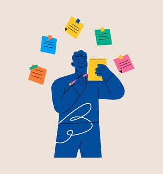 haciendo notas hombre con un cuaderno y lápiz. vistoso ilustración vector