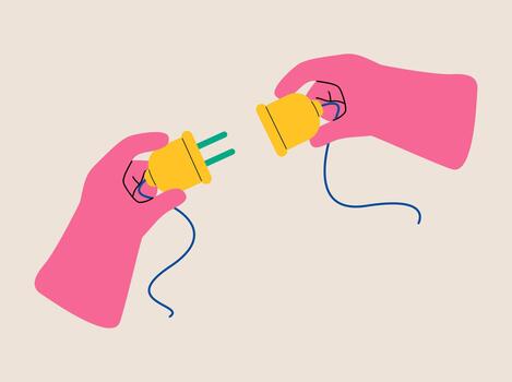 Connect and disconnect concept. Electric plug and outlet socket unplugged. Colorful illustration vector