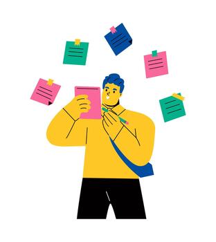 Making notes. Business man with a notebook and pencil. Flat illustration isolated on white background vector