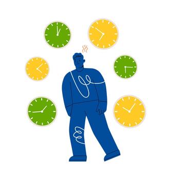 hombre es cansado y deprimido. problemas con desaparecido plazos causando nubes. vistoso ilustración vector