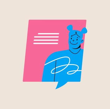 Chat bubble, message bubble with woman, internet dialog, communication, conversation, talk. Colorful illustration vector