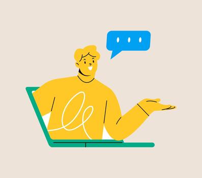 Man peeking out of laptop computer screen. Virtual call concept. Colorful illustration vector
