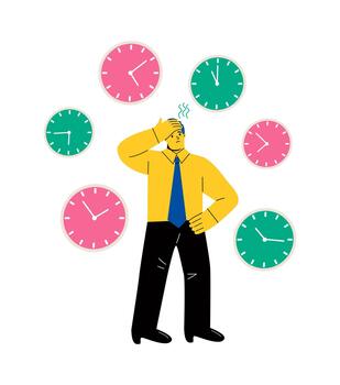 negocio hombre es cansado y deprimido. problemas con desaparecido plazos causando nubes. plano ilustración aislado en blanco antecedentes vector