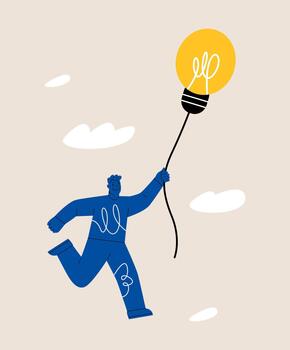 Man flying with a light bulb. New light bulb idea concept. Colorful illustration vector