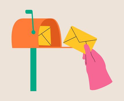 Hand holding envelope inserting into mail box. Colorful illustration vector