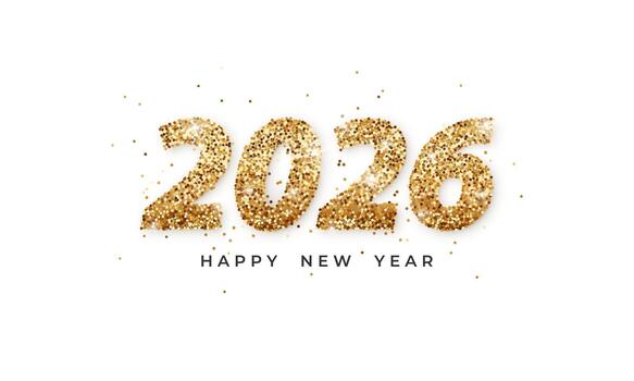 Golden glitter numbers 2026 on a white background. Bright, shiny composition with sparkling particles on a luminous texture. Happy New Year design for greeting card, festive poster, website header vector