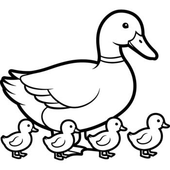Monochrome outline of a mother duck with her family of four ducklings, a charming and simple design for a children's activity coloring page vector