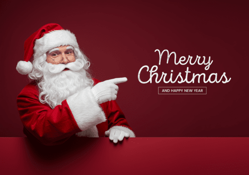 Santa Claus puntamento a un vuoto spazio per il tuo Messaggio su un' in profondità rosso sfondo, allegro Natale e contento nuovo anno psd