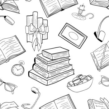 Hand drawn pattern with reading element in monochrome line art. vector