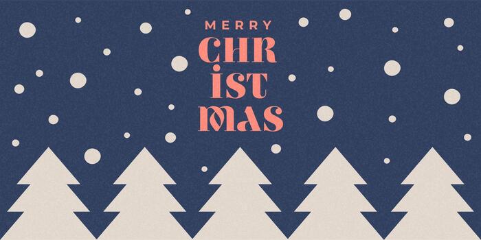 Modern Christmas banner with christmas trees, snow and textured background. Elegant typography, and abstract geometric trees. Minimal festive xmas background, invitation vector