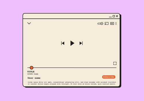 Retro digital player window with playback timeline, control buttons, and user interface elements. 90s computer popup media frame for streaming or watching content. Flat Style Illustration vector