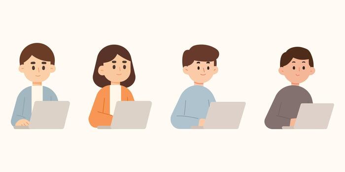 Set of flat cartoon illustration of office worker working on laptop computer. Co-working and working space concept vector