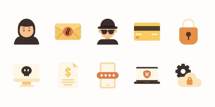 Hacker and Cybercrime icon set. Flat color icons illustration. vector