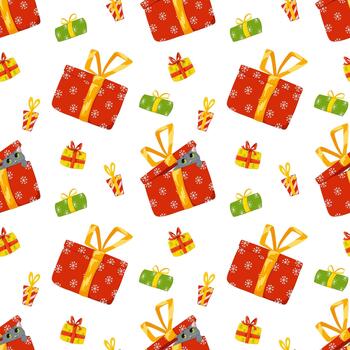 Navidad y nuevo año sin costura modelo. antecedentes con gato jugando con Navidad presenta dibujos animados plano diseño para fiesta impresión en tela, envase vector