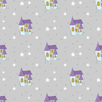 Cute seamless pattern with adorable castle with stars. background in Scandinavian style for design textile or backdrop vector