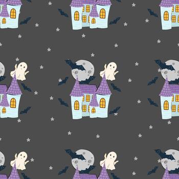 sin costura modelo con fantasma, castillo, lleno Luna y murciélago. oscuro antecedentes para diseño textil o fondo vector