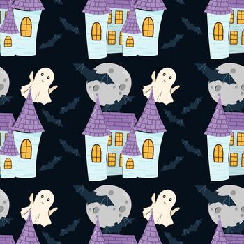Seamless pattern ghost, castle, full moon and bat. Dark background for design textile or backdrop vector