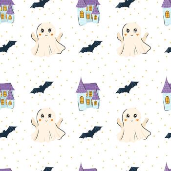 Cute seamless pattern with adorable ghost, castle and bat. background in Scandinavian style for design textile or backdrop vector