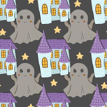 Cute seamless pattern with adorable ghost, castle and star. background in Scandinavian style for design textile or backdrop vector