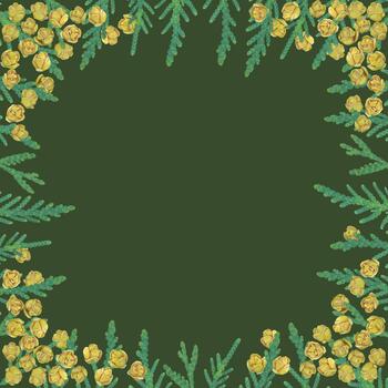 Square frame of thuja branches with cones on a green background vector