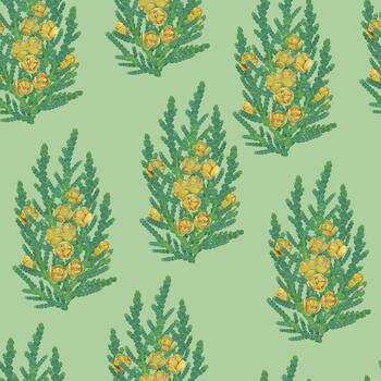 sin costura modelo con thuja ramas y conos en un verde antecedentes vector