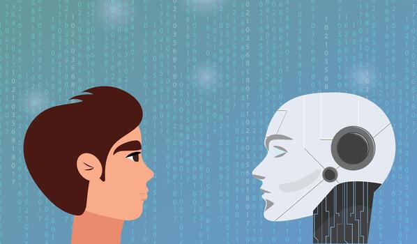 artificial inteligencia Satisface humanidad, binario código fondo, moderno ilustración, robótica, futurista digital trabajo en equipo Arte vector