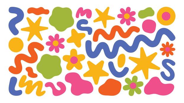 Vibrant abstract geometric shapes with bold color palette and text elements vector