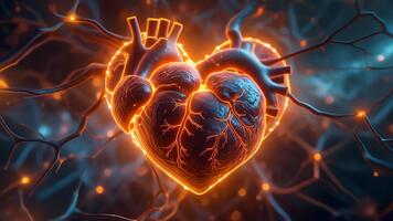 digitaal vertegenwoordiging van een gloeiend menselijk hart binnen een ingewikkeld neurale netwerk pulserend met energie en levendig biologisch gegevens video
