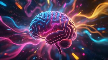 Dynamic Brain Activity Visualization with Vibrant Neon Lights and Digital Particles Representing Thought and Technology video