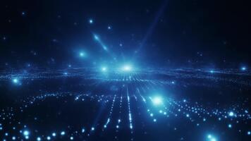 dinámica azul partícula red datos fluir resumen antecedentes con brillante luces y digital paisaje video