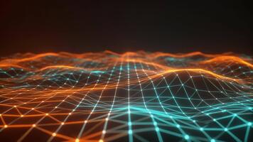 dinámica digital cuadrícula red animación con brillante naranja y cian líneas representando datos fluir y tecnología video