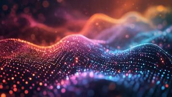 dynamisk abstrakt partikel vågor en vibrerande digital landskap av strömmande ljus och färgrik bokeh effekter för modern visuella video