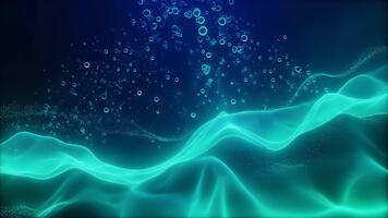 Abstract flowing cyan waves with rising bubbles in a deep blue ethereal water environment creating a serene digital ocean video