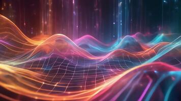 vivace digitale paesaggio di fluente neon onde e collegato griglia per futuristico dati visualizzazione sfondo video