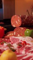 Vertikale Bildschirm Fleisch Industrie einstellen von mehrere roh Produkte von bio gewachsen Tiere. dekorativ Layout von Fleisch Waren auf Anzeige. bio Fleisch Konzept. video