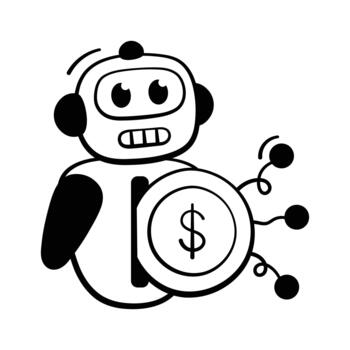 Hand drawn icon of an ai robot managing financial data and fintech automation. vector