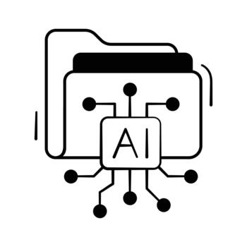 Folder icon with AI tech circuit for machine learning file storage, hand drawn icon. vector