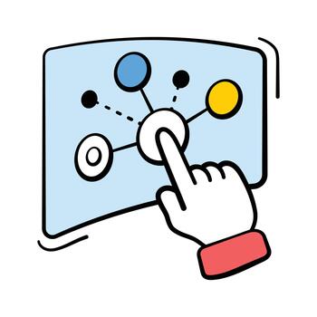 Hand controlling virtual interface inside a VR environment, doodle style icon vector