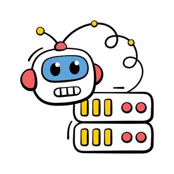 Automated robot server managing digital data processes, doodle icon vector
