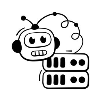 Automated robot server managing digital data processes, doodle icon. vector