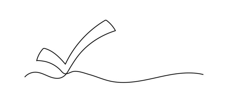 Checkmark one line illustration. Hand drawn continuous sketch isolated on white background. Line art vector
